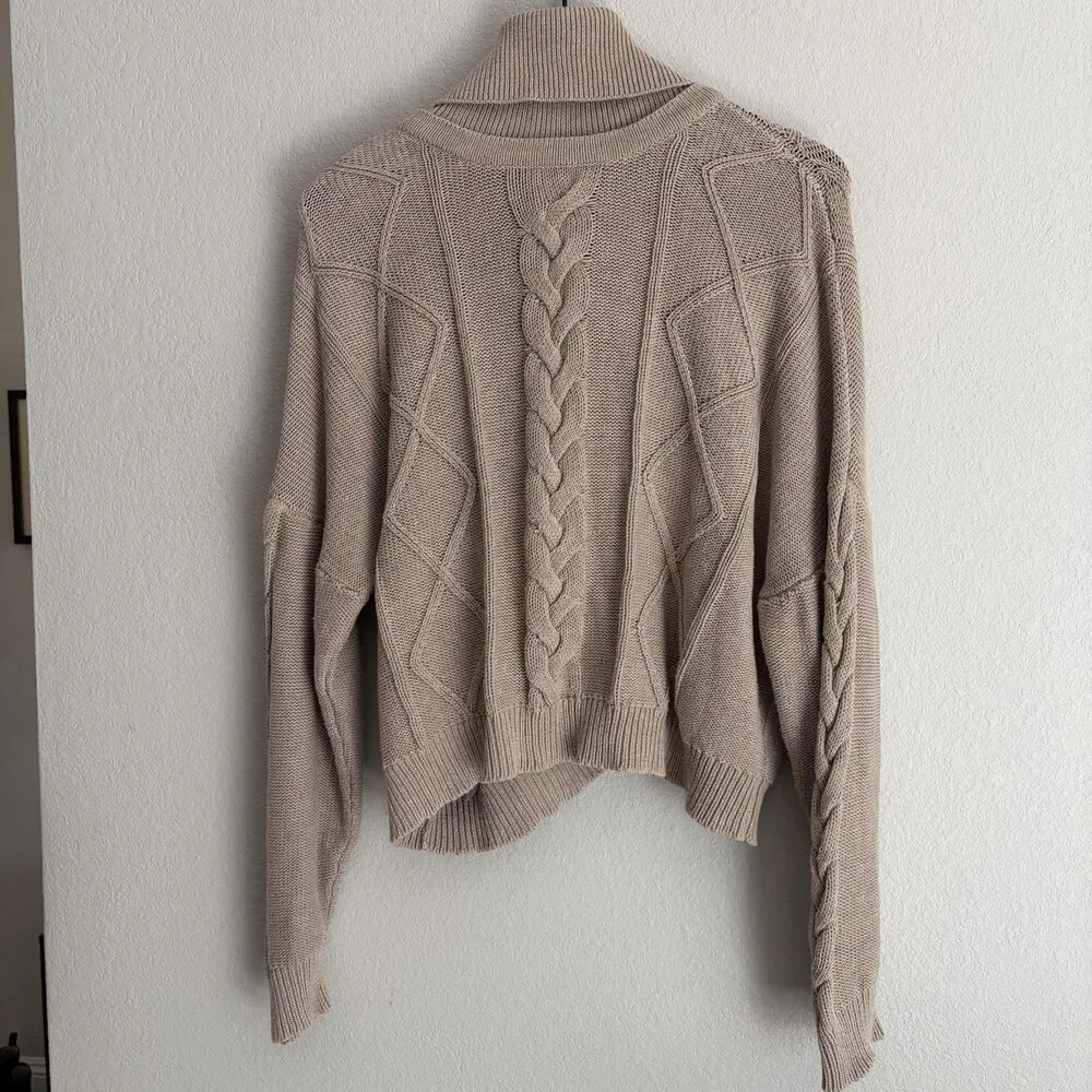 VETTA Cable Knit Turtleneck Cardigan Size M Taupe